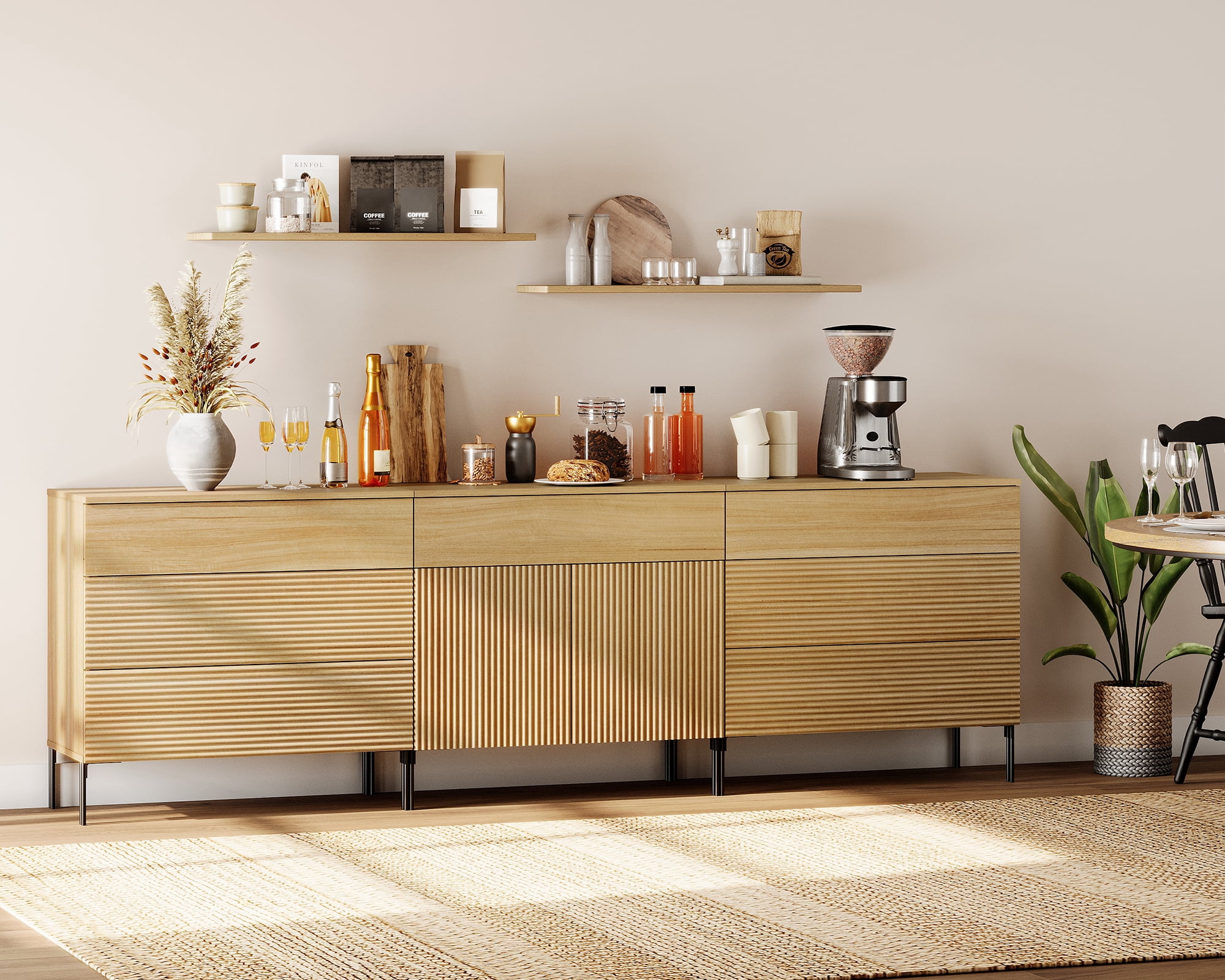 94.5" Modern Reeded Minimalist Sideboard with Drawers and Doors, 3-In-1 Wooden Credenza Storage Cabinet for Kitchen, Dining Room