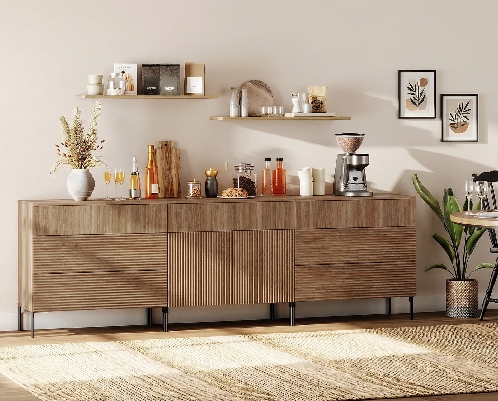 94.5" Modern Reeded Minimalist Sideboard with Drawers and Doors, 3-In-1 Wooden Credenza Storage Cabinet for Kitchen, Dining Room