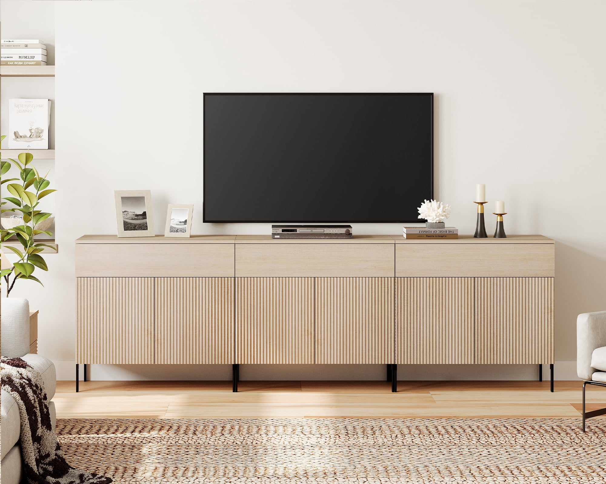 94.5" Modern Reeded TV Stand with Doors, Entertainment Center with Shelf, Wooden Media Console with Drawers for Living Room