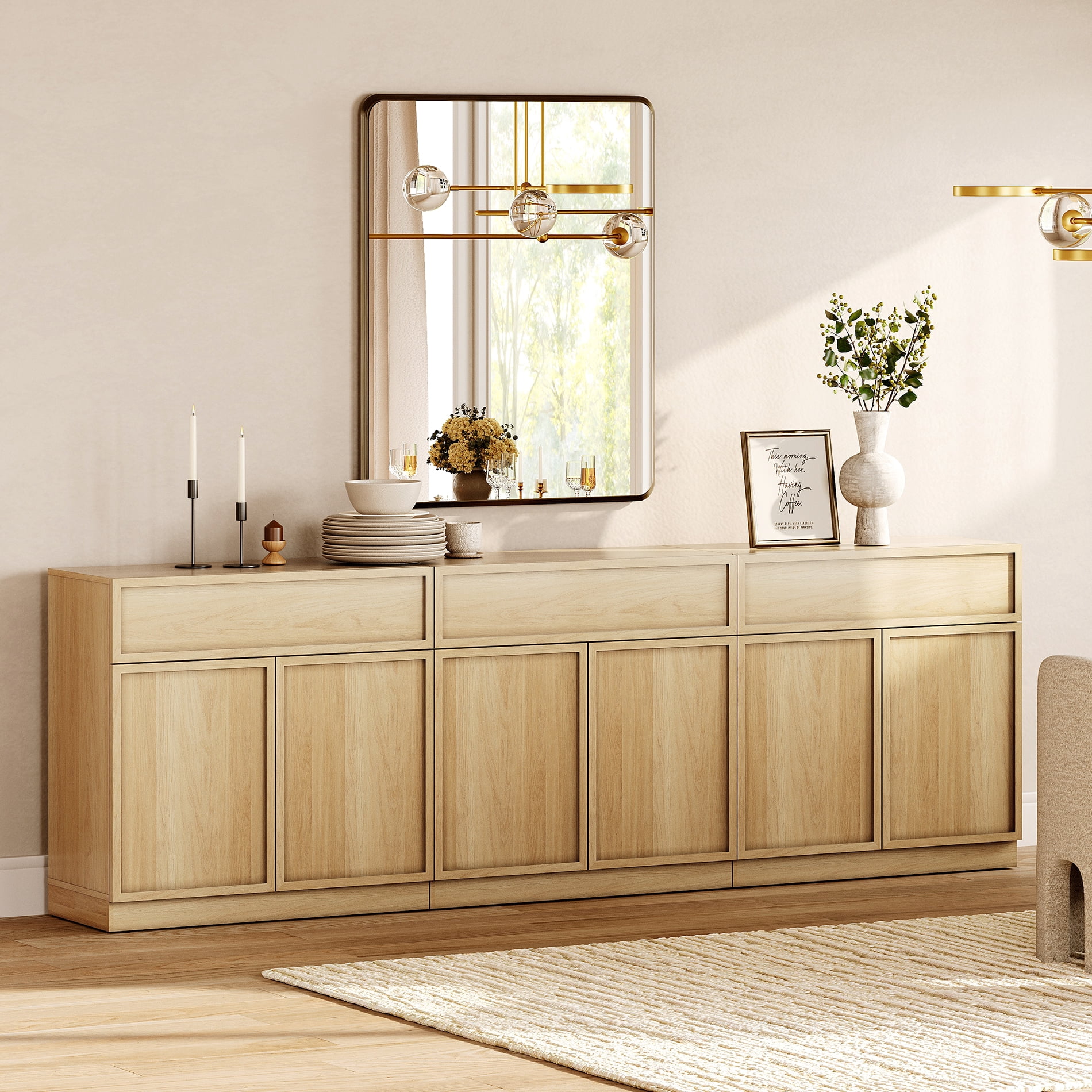 94.5" Modern Sideboard Buffet Cabinet with 6 Doors and Drawers, Multifunctional Sideboard with Large Storage and Adjustable Shelf, Oak