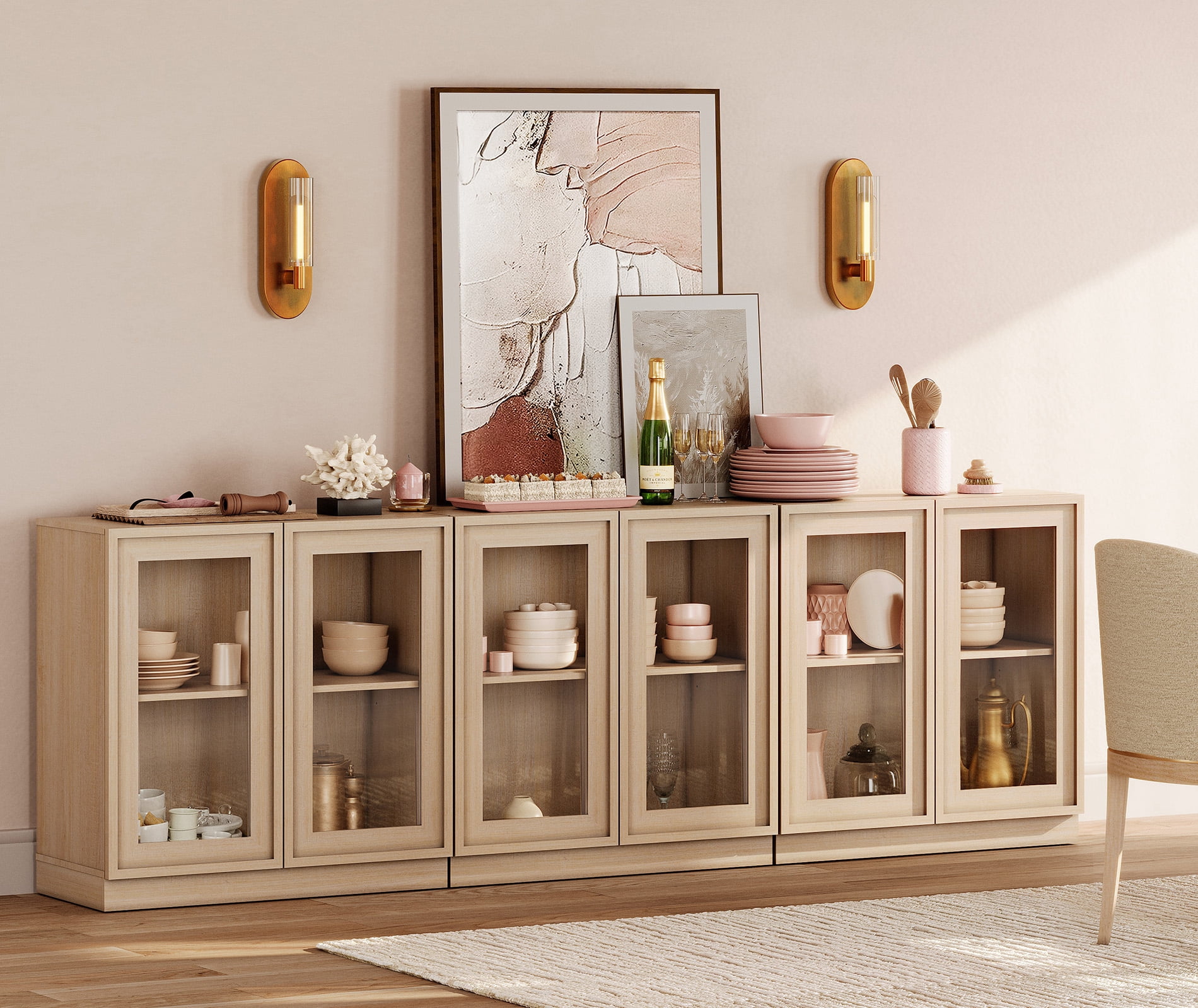 94.5" Modern Sideboard Buffet Cabinet with 6 Glass Doors, Multifunctional Sideboard with Large Storage and Adjustable Shelf, Beige
