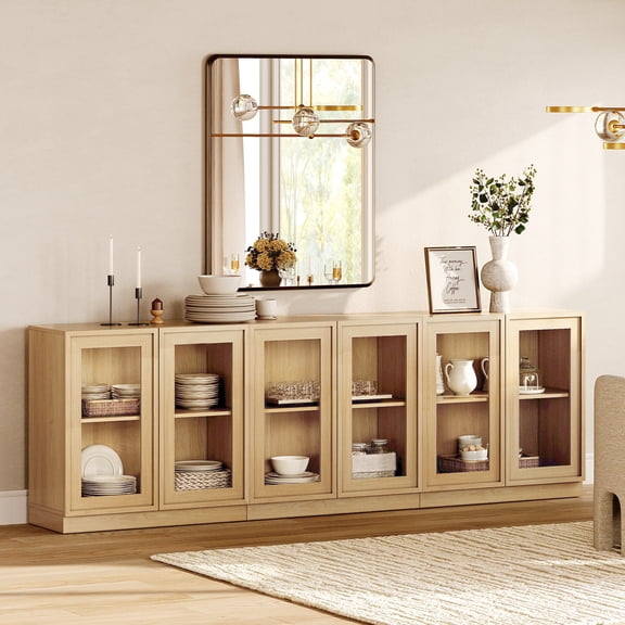 94.5" Modern Sideboard Buffet Cabinet with 6 Glass Doors, Multifunctional Sideboard with Large Storage and Adjustable Shelf, Oak