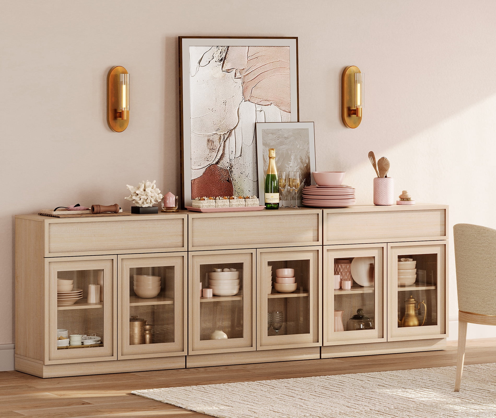 94.5" Modern Sideboard Buffet Cabinet with 6 Glass Doors and Drawers, Multifunctional Sideboard with Adjustable Shelf, Beige