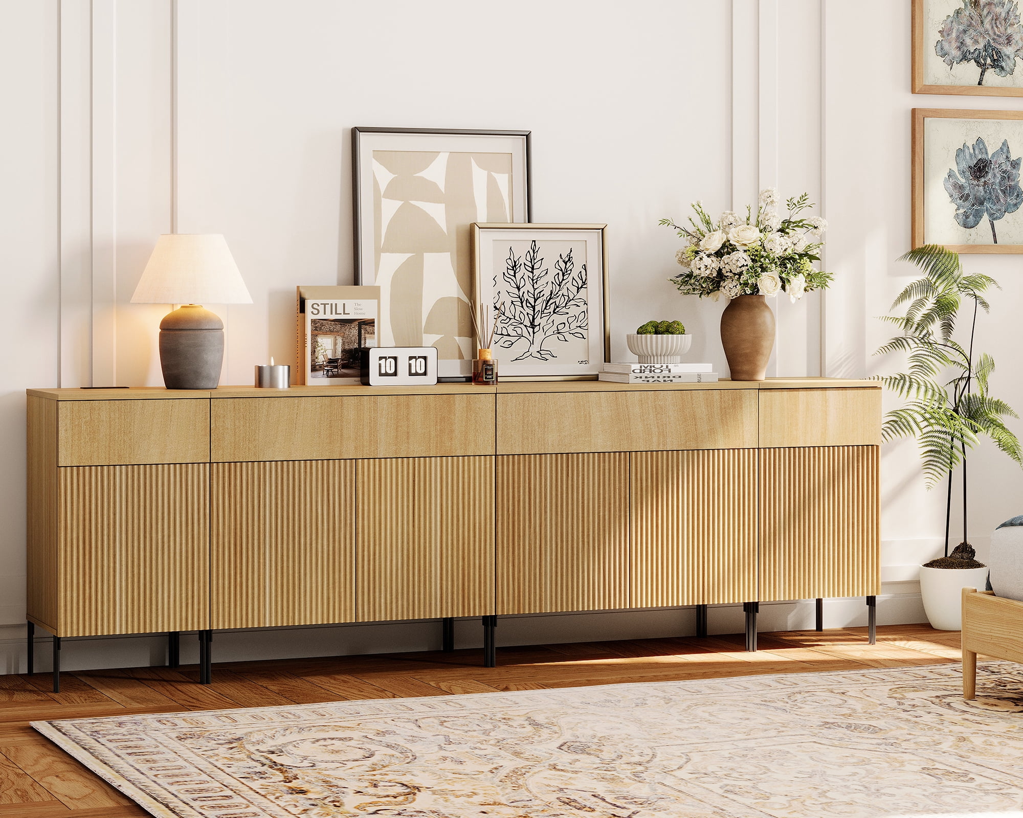 94.5" Modern Wood 4-Drawer Dresser with Reeded Design, Minimalist Dresser Organizer Storage Cabinet With Charging Station for Bedroom,Living room, Entryway