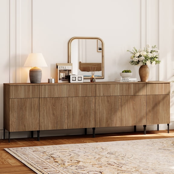 94.5" Modern Wood 4-Drawer Dresser with Reeded Design, Minimalist Dresser Organizer Storage Cabinet With Charging Station for Bedroom,Living room, Entryway