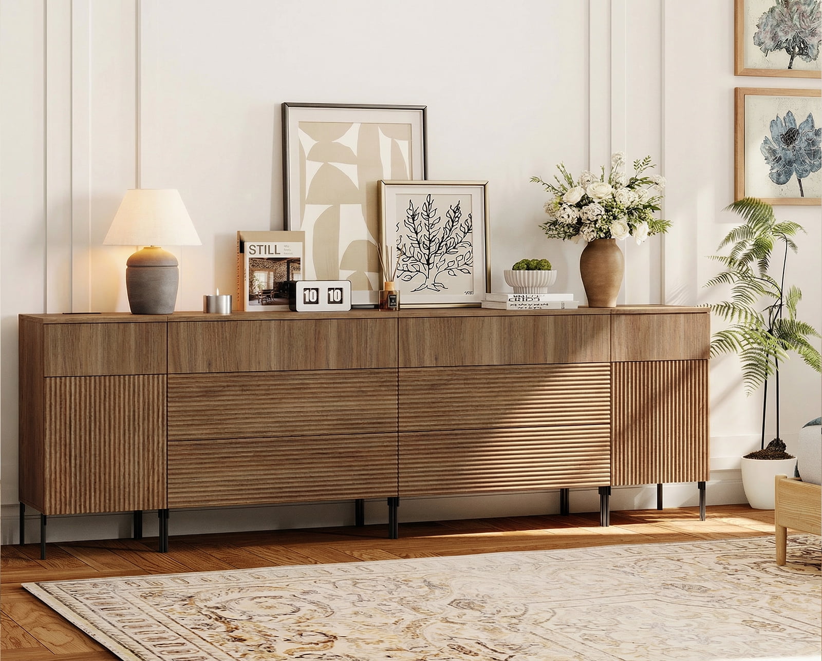 94.5" Modern Wood 8-Drawer Dresser with Reeded Design, Minimalist Dresser Organizer Storage With Charging Station for Bedroom,Living room, Entryway