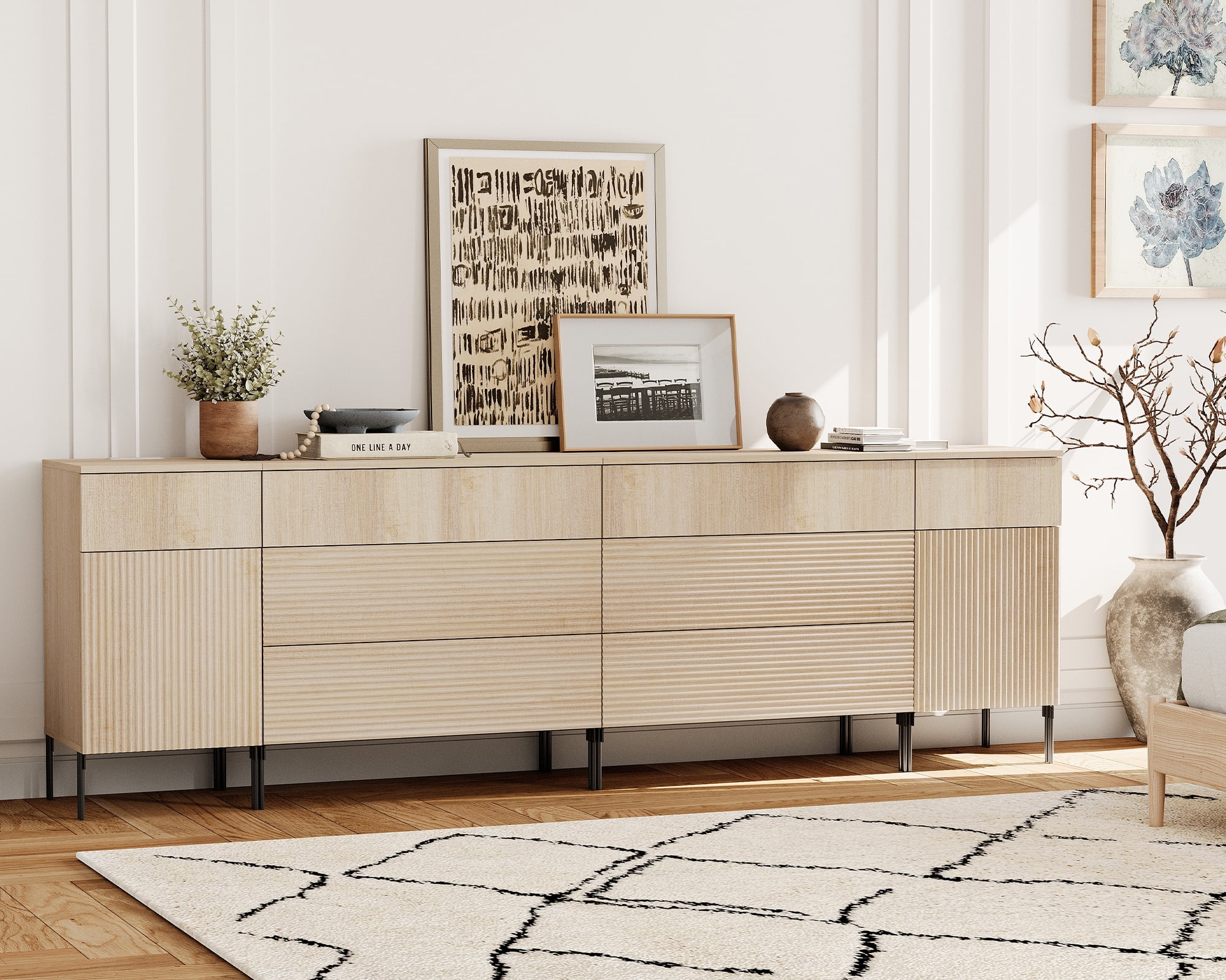 94.5" Modern Wood 8-Drawer Dresser with Reeded Design, Minimalist Dresser Organizer Storage With Charging Station for Bedroom,Living room, Entryway