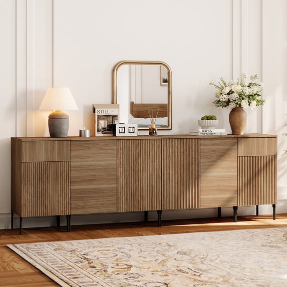 94.5" Modern Wood Reeded Drawer Dresser with Doors, Minimalist Dresser Organizer Storage Cabinet With Charging Station for Bedroom,Living room, Entryway