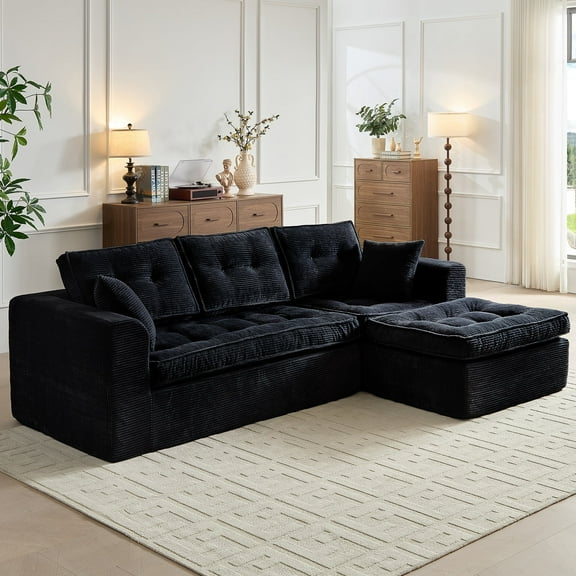 Housiney 103 inch Cloud Sectional Couch, Modern Modular Sofa with L-Shape Chaise, Corduroy Couches for Living Room Bedroom, No Assembly Required, Black