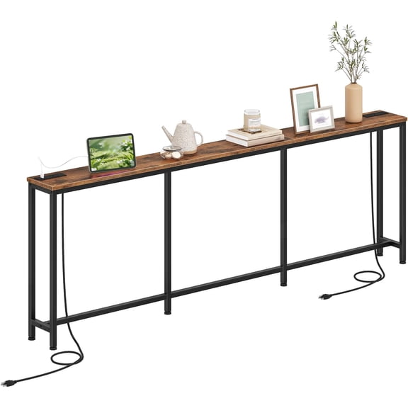 94.5'' Narrow Console Table with Outlet, 7.1" Behind Couch Table | Skinny Sofa Table with Charging Station, Entryway Table for Hallway, Living Room Rustic Brown and Black TXG24UBF