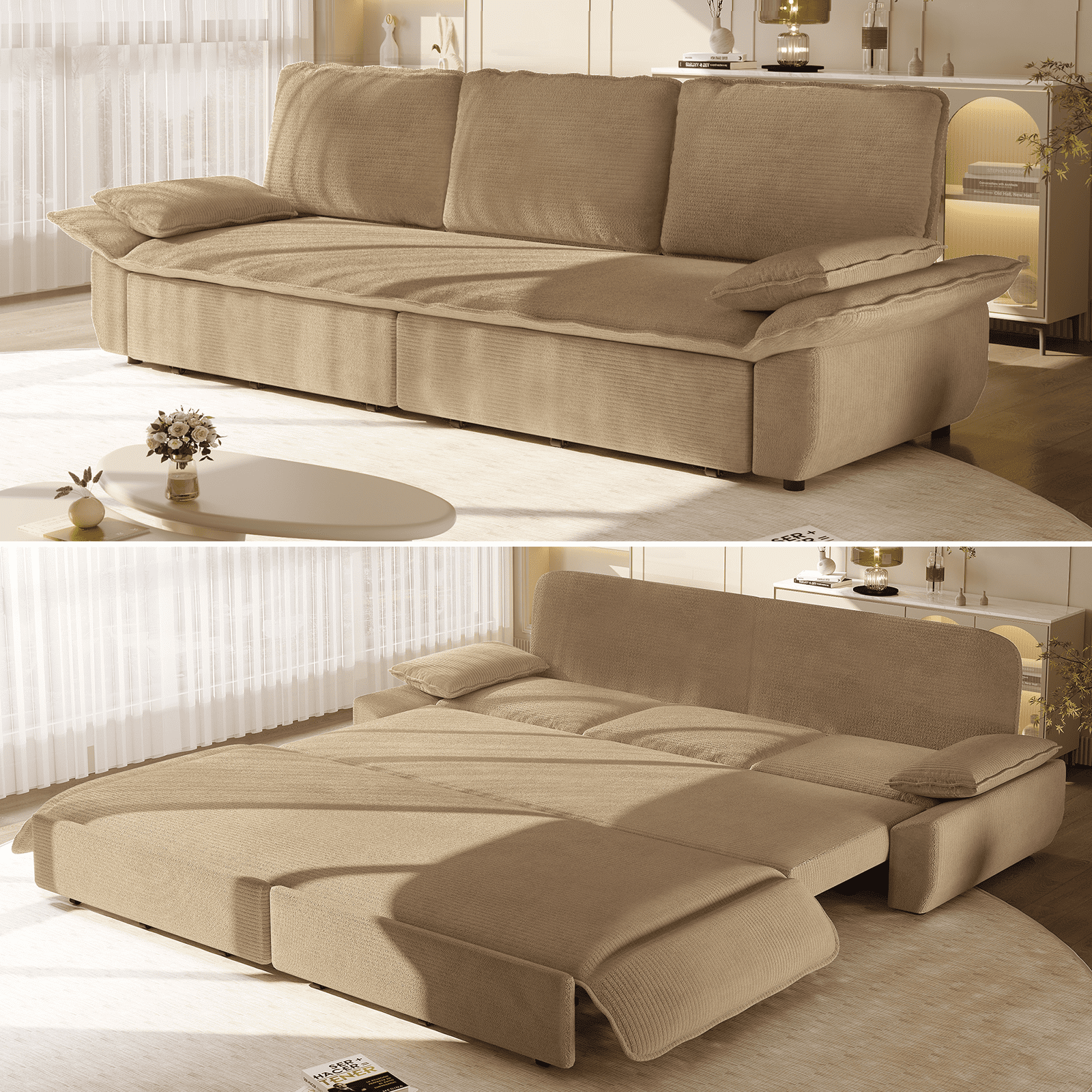94.5" Pull Out Couch King Size, Futon Sofa Bed, 3-in-1 Convertible Sleeper Sofa Bed with Cushion Armrest, Modern Corduroy Loveseat Couches for Living Room, Small Space, Apartment, Camel
