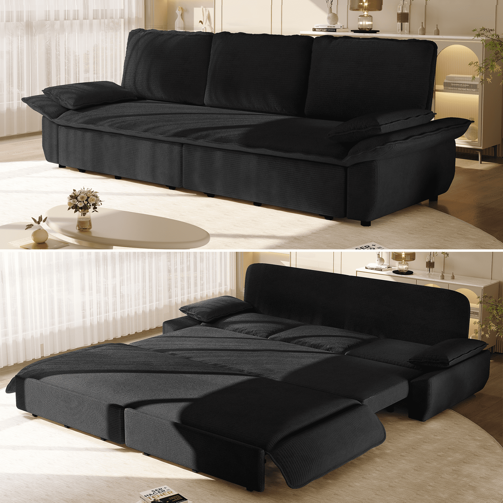 94.5" Pull Out Couch King Size, Futon Sofa Bed, 3-in-1 Convertible Sleeper Sofa Bed with Cushion Armrest, Modern Corduroy Loveseat Couches for Living Room, Small Space, Apartment, Black |with wheels