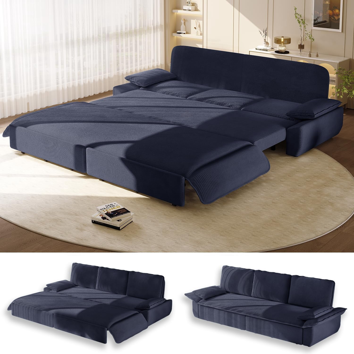 94.5" Pull Out Couch King Size, Futon Sofa Bed, 3-in-1 Convertible Sleeper Sofa Bed with Cushion Armrest, Modern Corduroy Loveseat Couches for Living Room, Small Space, Apartment, Dark Blue