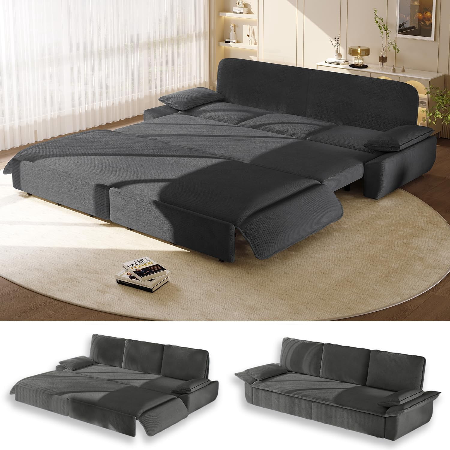 94.5" Pull Out Couch King Size, Futon Sofa Bed, 3-in-1 Convertible Sleeper Sofa Bed with Cushion Armrest, Modern Corduroy Loveseat Couches for Living Room, Small Space, Apartment, Dark Grey