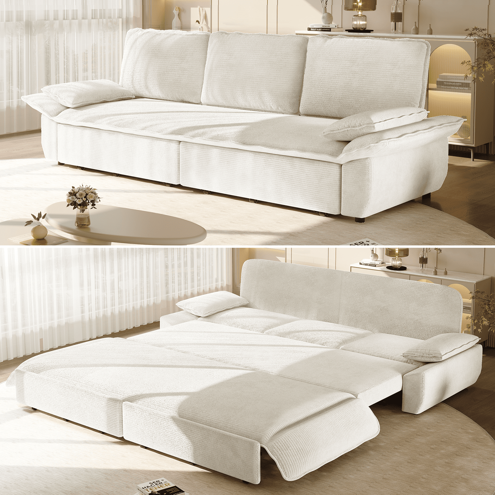94.5" Pull Out Couch King Size, Futon Sofa Bed, 3-in-1 Convertible Sleeper Sofa Bed with Cushion Armrest, Modern Corduroy Loveseat Couches for Living Room, Small Space, Apartment, Beige |with wheels