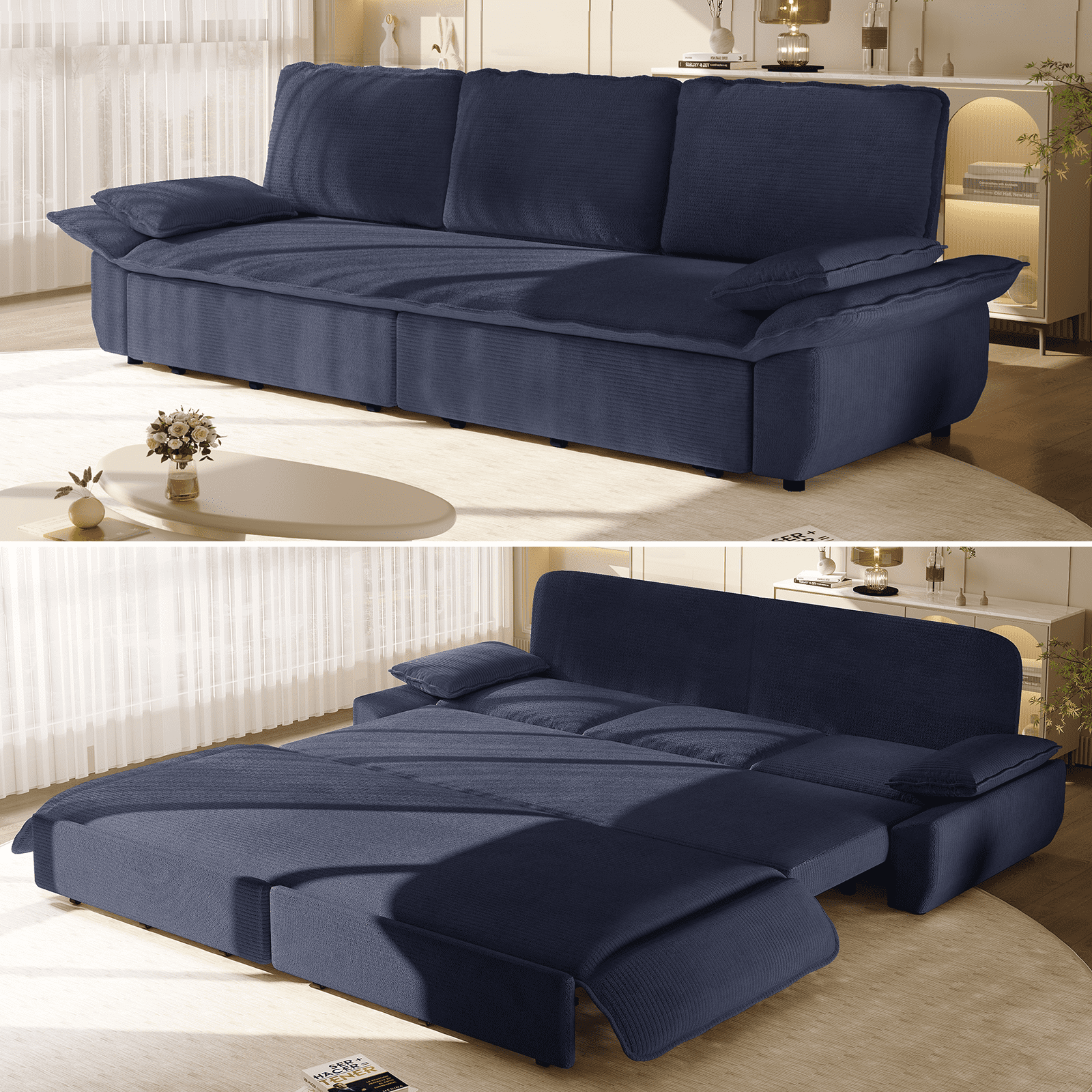94.5" Pull Out Couch King Size, Futon Sofa Bed, 3-in-1 Convertible Sleeper Sofa Bed with Cushion Armrest, Modern Corduroy Loveseat Couches for Living Room, Small Space, Apartment, Dark Blue