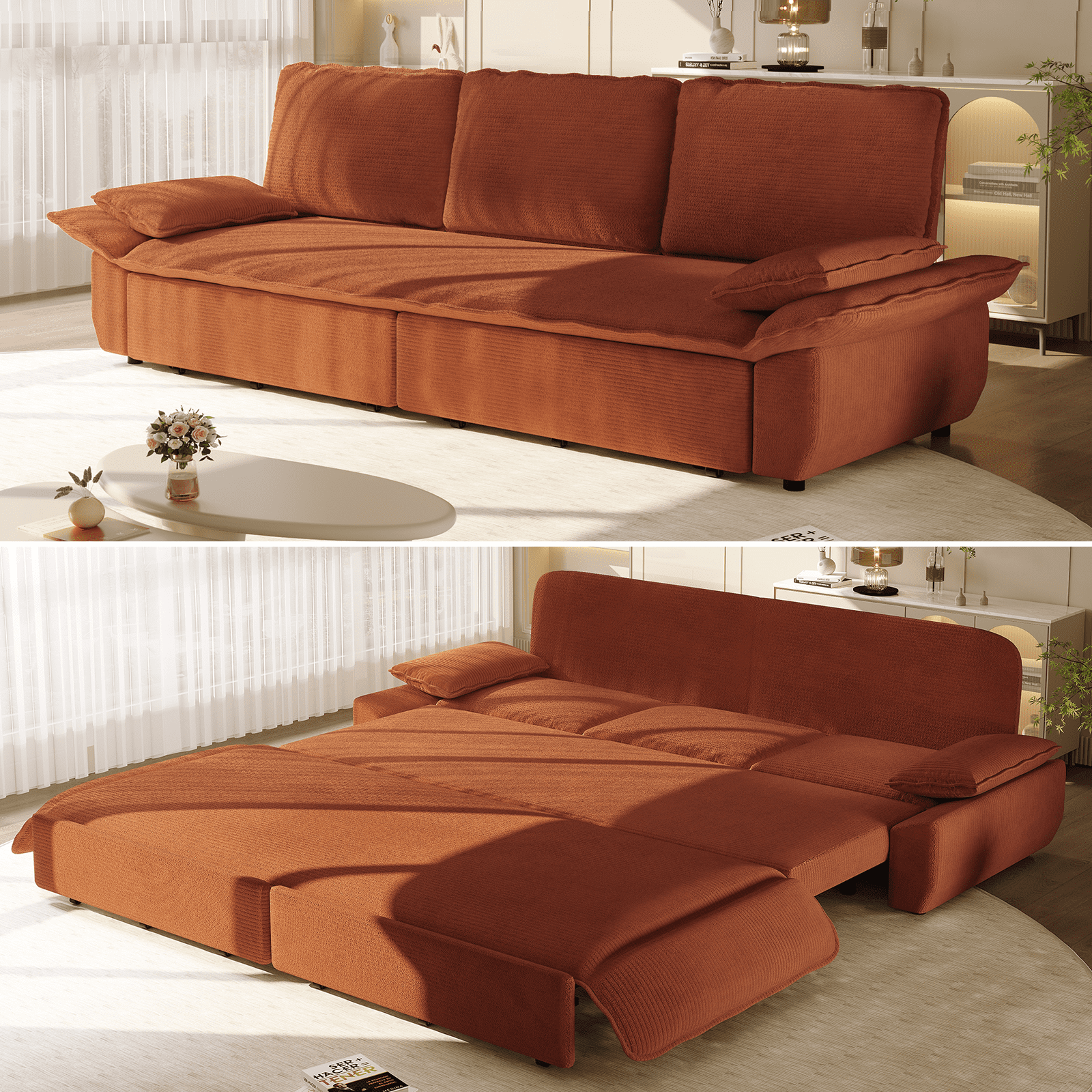 94.5" Pull Out Couch King Size, Futon Sofa Bed, 3-in-1 Convertible Sleeper Sofa Bed with Cushion Armrest, Modern Corduroy Loveseat Couches for Living Room, Small Space, Apartment, Orange