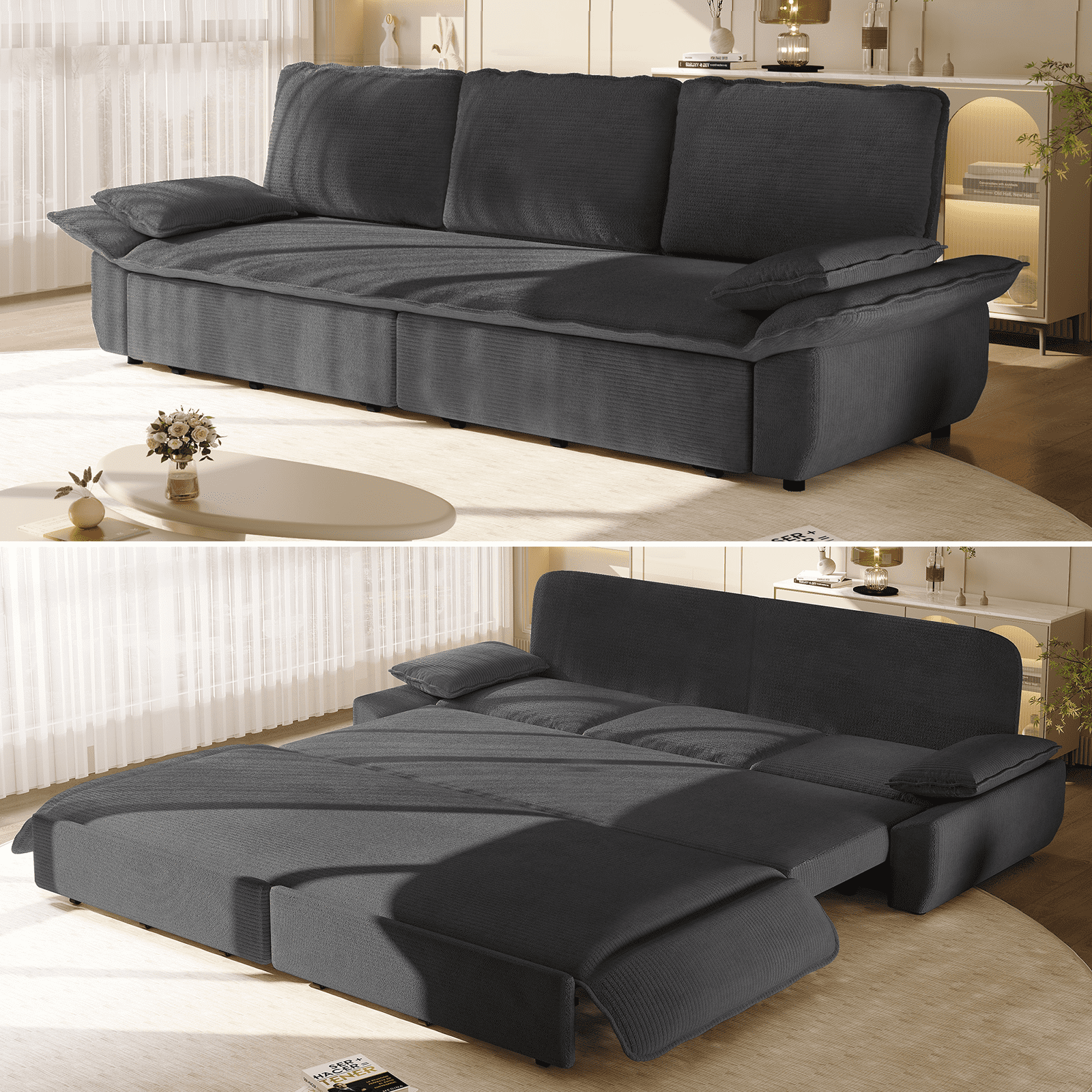 94.5" Pull Out Couch King Size, Futon Sofa Bed, 3-in-1 Convertible Sleeper Sofa Bed with Cushion Armrest, Modern Corduroy Loveseat Couches for Living Room, Small Space, Apartment, Dark Grey