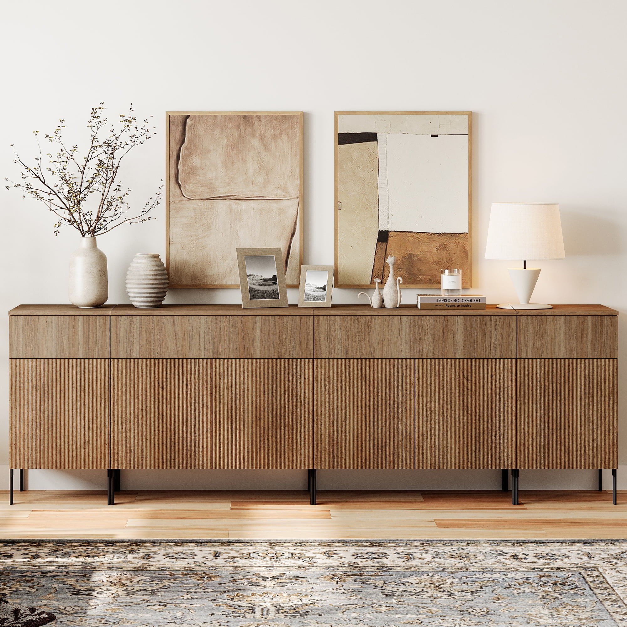94.5" Reeded Accent Cabinet Set with Charging Station, Modern Credenza Storage Cabinet with Doors and Drawers for Living Room, Kitchen, Dining Room, Hallway