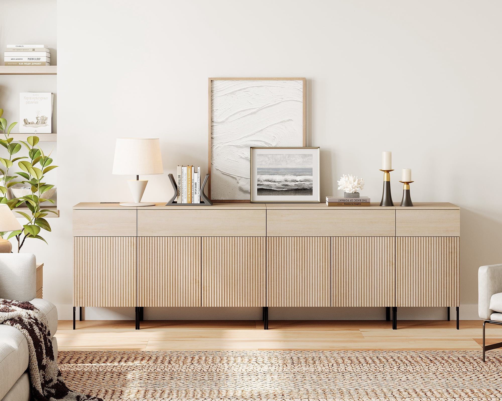 94.5" Reeded Accent Cabinet Set with Charging Station, Modern Credenza Storage Cabinet with Doors and Drawers for Living Room, Kitchen, Dining Room, Hallway