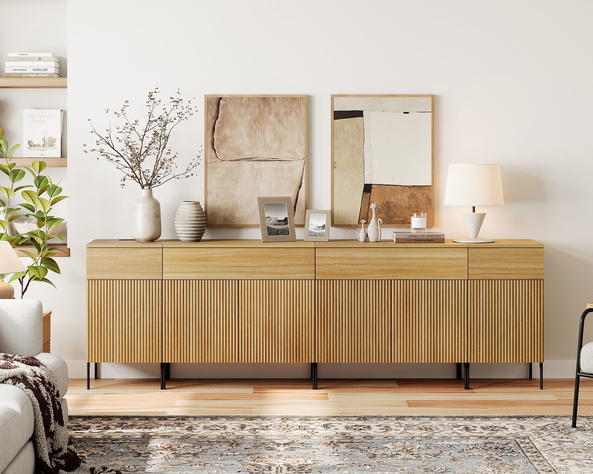 94.5" Reeded Accent Cabinet Set with Charging Station, Modern Credenza Storage Cabinet with Doors and Drawers for Living Room, Kitchen, Dining Room, Hallway