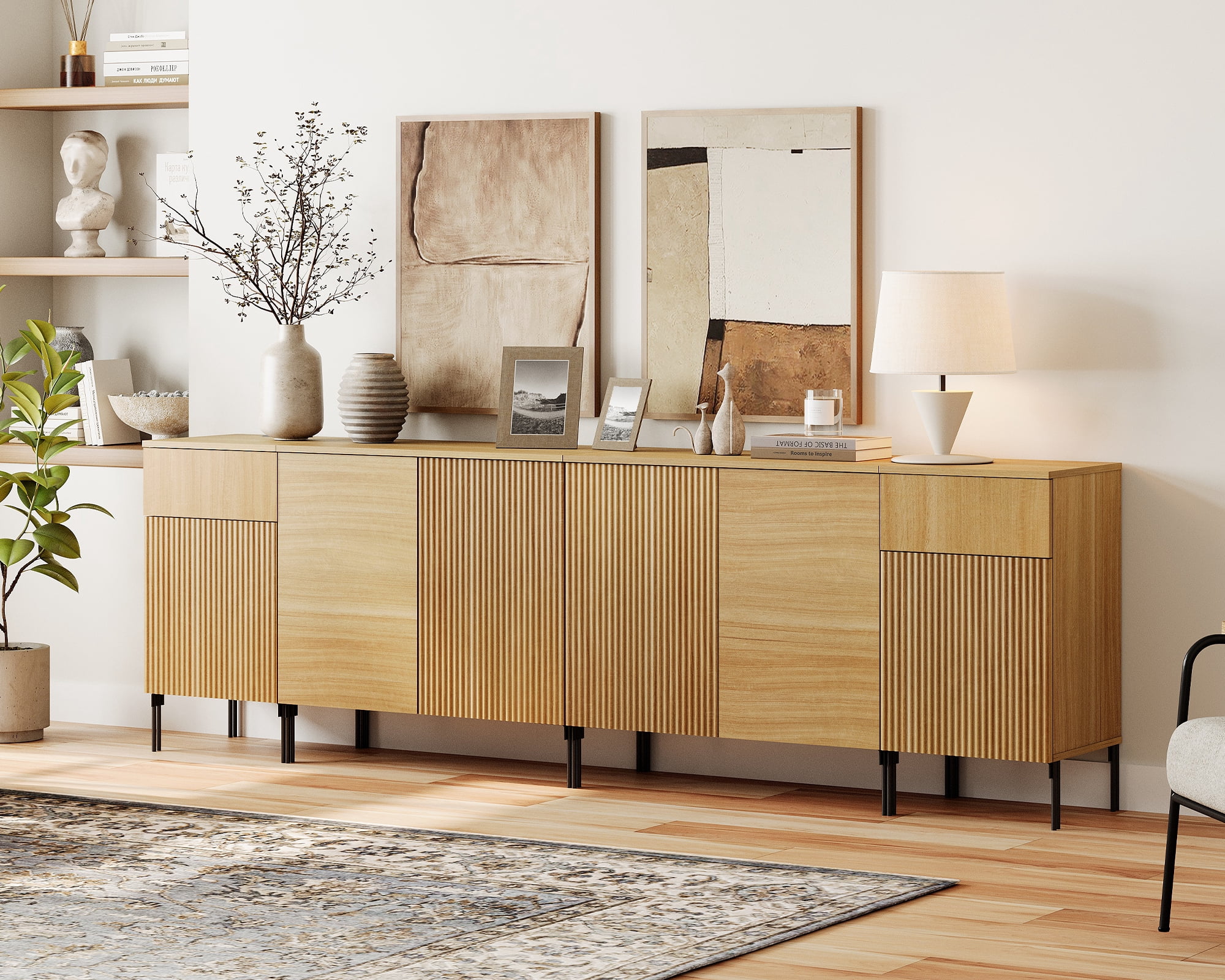 94.5" Reeded Accent Cabinet Set with Doors and Adjustable Shelves, Modern Credenza Storage Cabinet with Charging Station for Living Room, Kitchen, Dining Room, Hallway