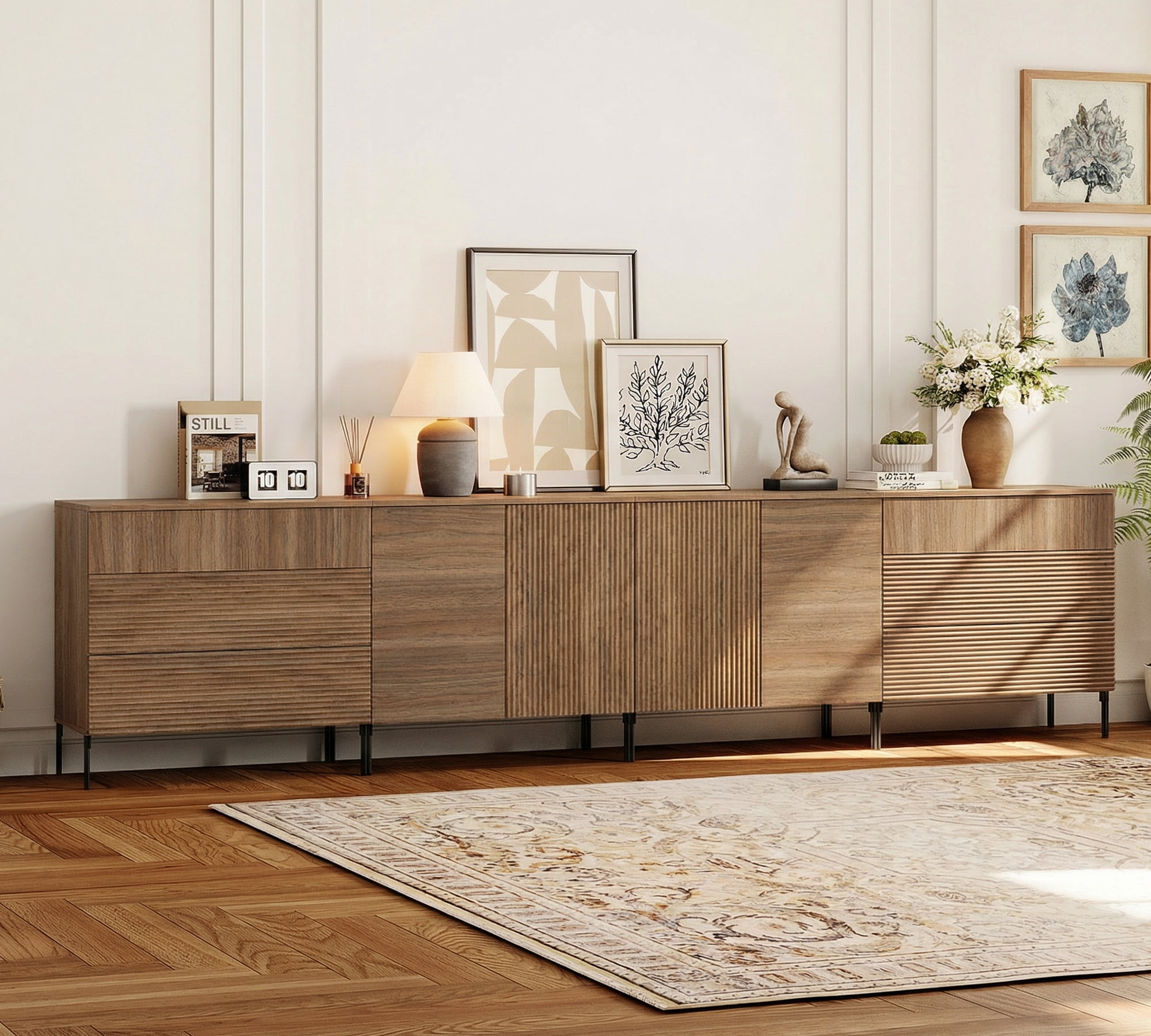 94.5" Reeded Accent Cabinet Set with Doors and Adjustable Shelves, Modern Credenza Storage Cabinet with Charging Station for Living Room, Kitchen, Dining Room, Hallway