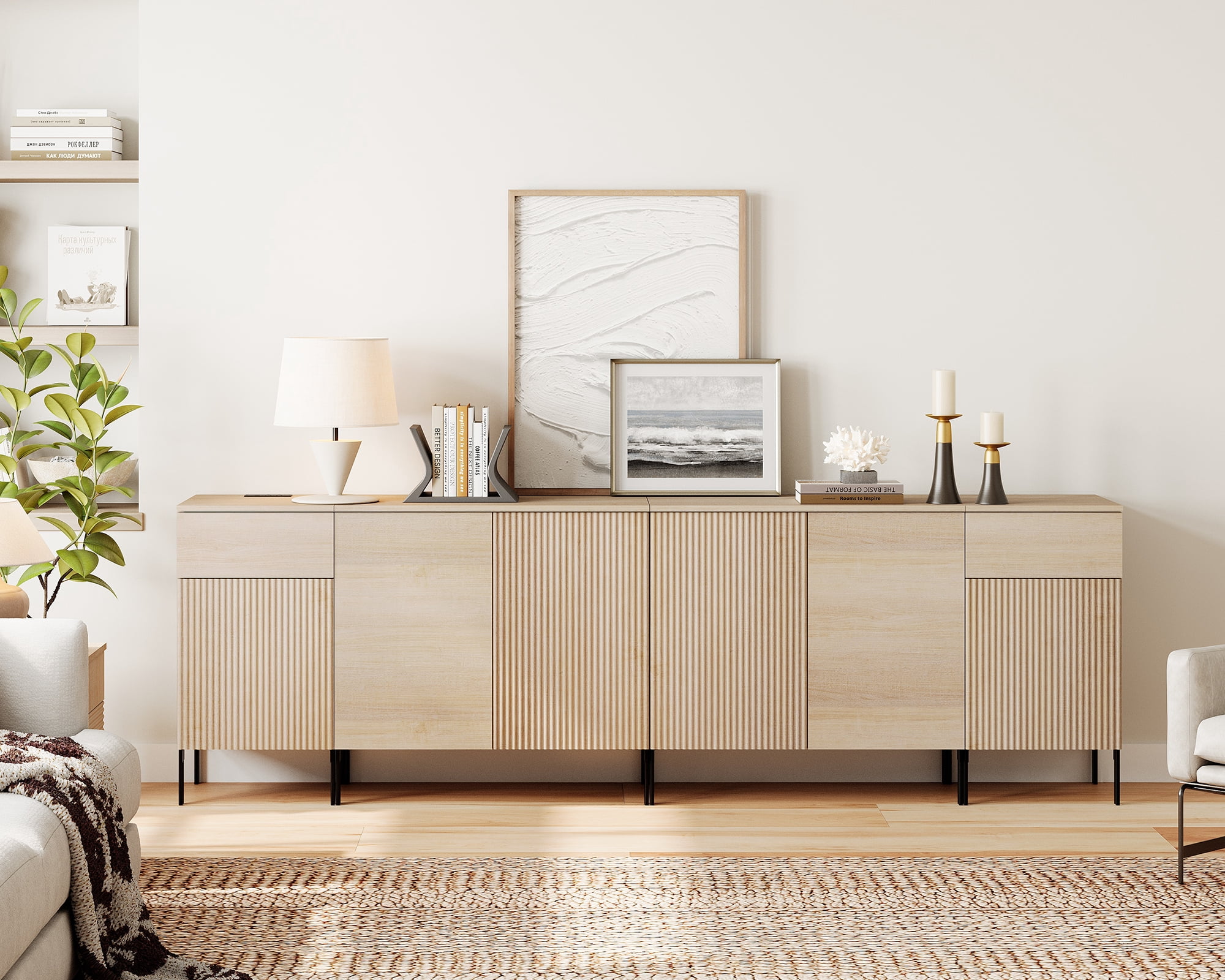 Wampat Reeded Accent Cabinet – 94.5" Credenza with Doors, Adjustable Shelves & Charging Station, Beige