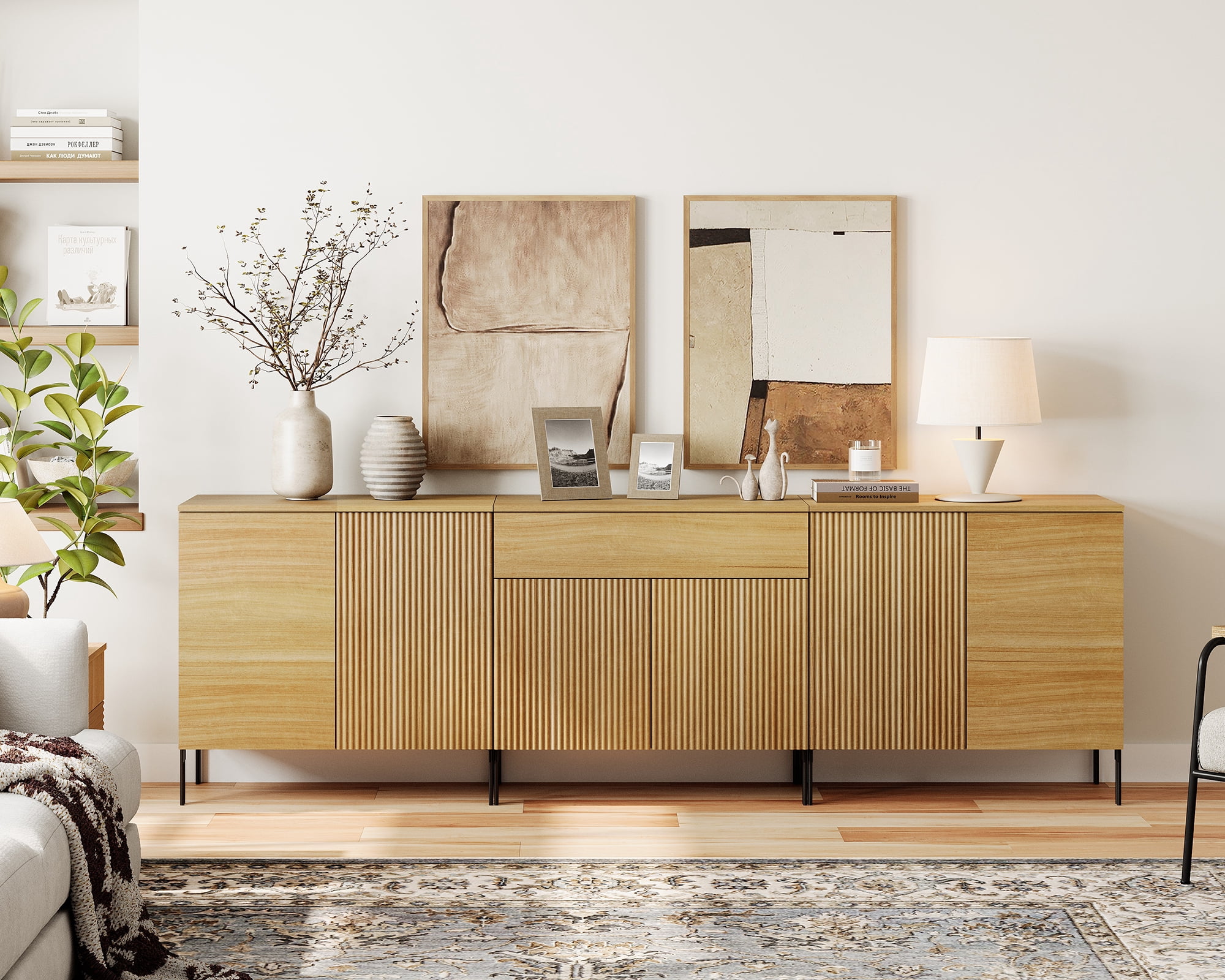 94.5" Reeded Accent Cabinet Set with Doors and Drawers, Modern Credenza Storage Cabinet with Adjustable Shelves for Living Room, Kitchen, Dining Room, Hallway