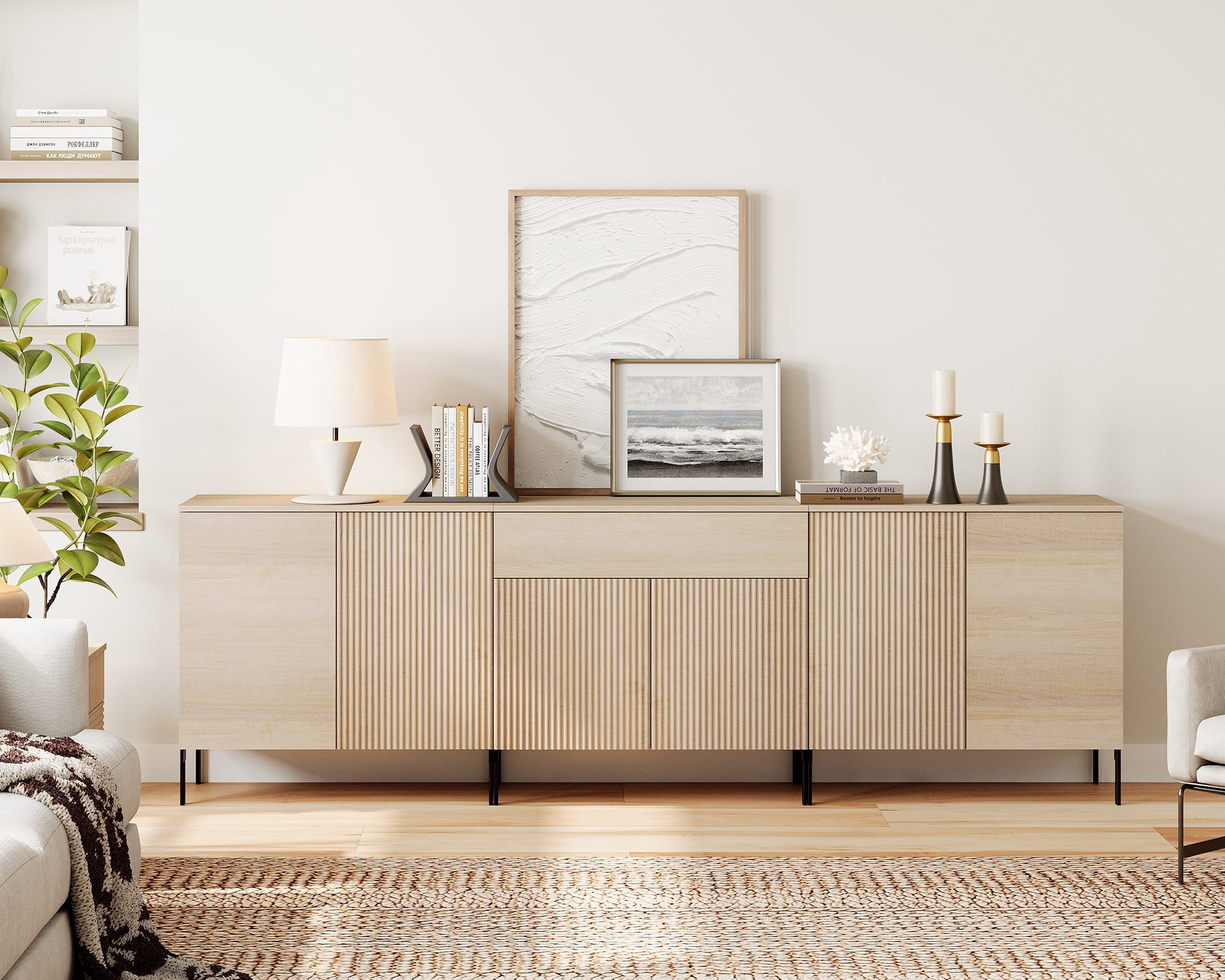94.5" Reeded Accent Cabinet Set with Doors and Drawers, Modern Credenza Storage Cabinet with Adjustable Shelves for Living Room, Kitchen, Dining Room, Hallway
