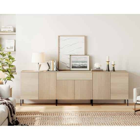 94.5" Reeded Accent Cabinet Set with Doors and Drawers, Modern Credenza Storage Cabinet with Adjustable Shelves for Living Room, Kitchen, Dining Room, Hallway