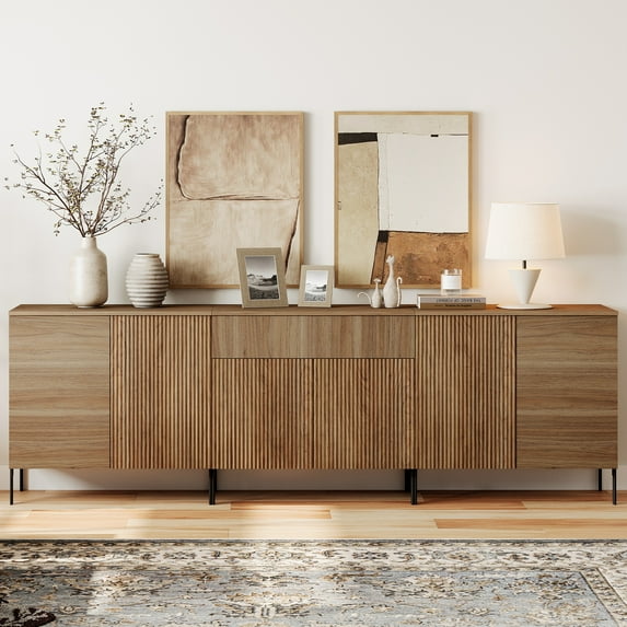 94.5" Reeded Accent Cabinet Set with Doors and Drawers, Modern Credenza Storage Cabinet with Adjustable Shelves for Living Room, Kitchen, Dining Room, Hallway