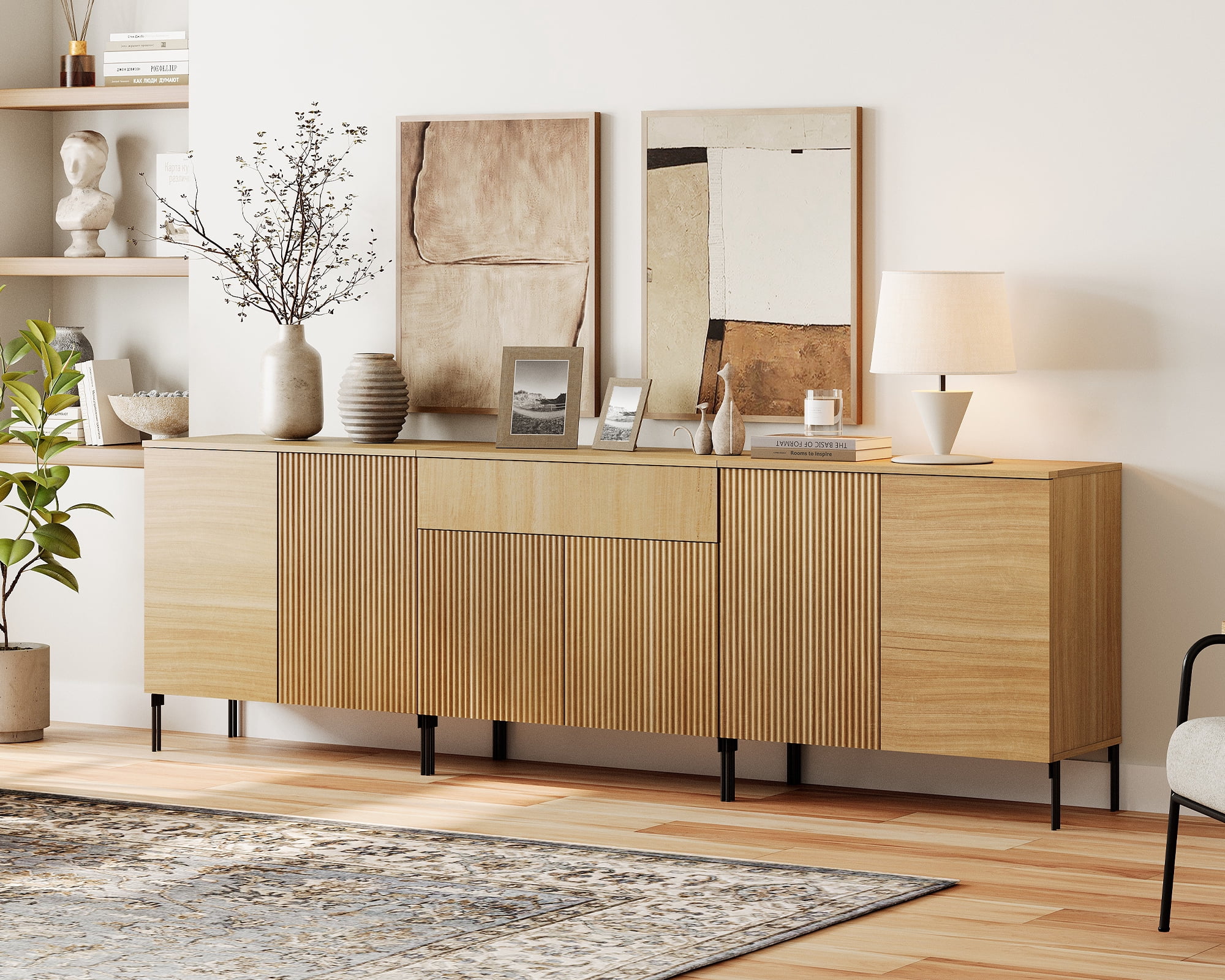 94.5" Reeded Accent Cabinet Set with Doors and Drawers, Modern Credenza Storage Cabinet with Adjustable Shelves for Living Room, Kitchen, Dining Room, Hallway
