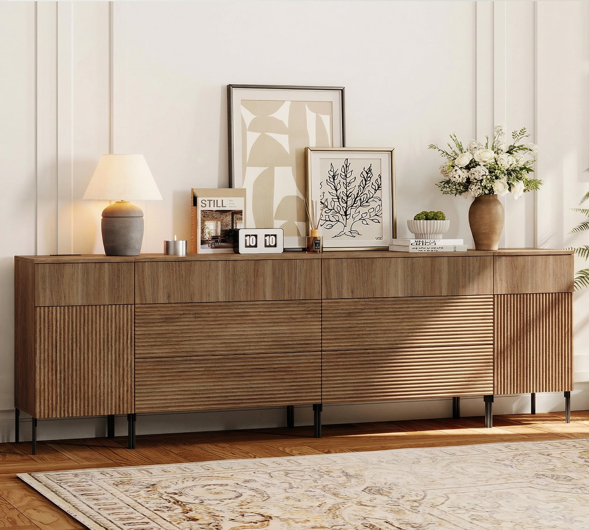 94.5" Reeded Accent Cabinet Set with Doors and Drawers, Modern Credenza Storage Cabinet with Charging Station for Living Room, Kitchen, Dining Room, Hallway