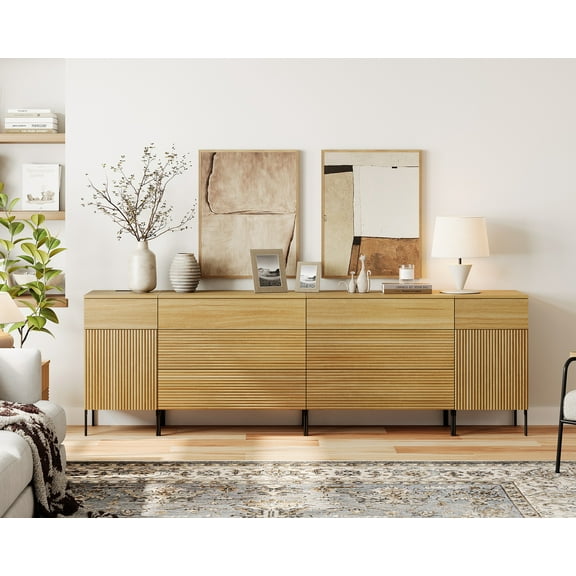 94.5" Reeded Accent Cabinet Set with Doors and Drawers, Modern Credenza Storage Cabinet with Charging Station for Living Room, Kitchen, Dining Room, Hallway