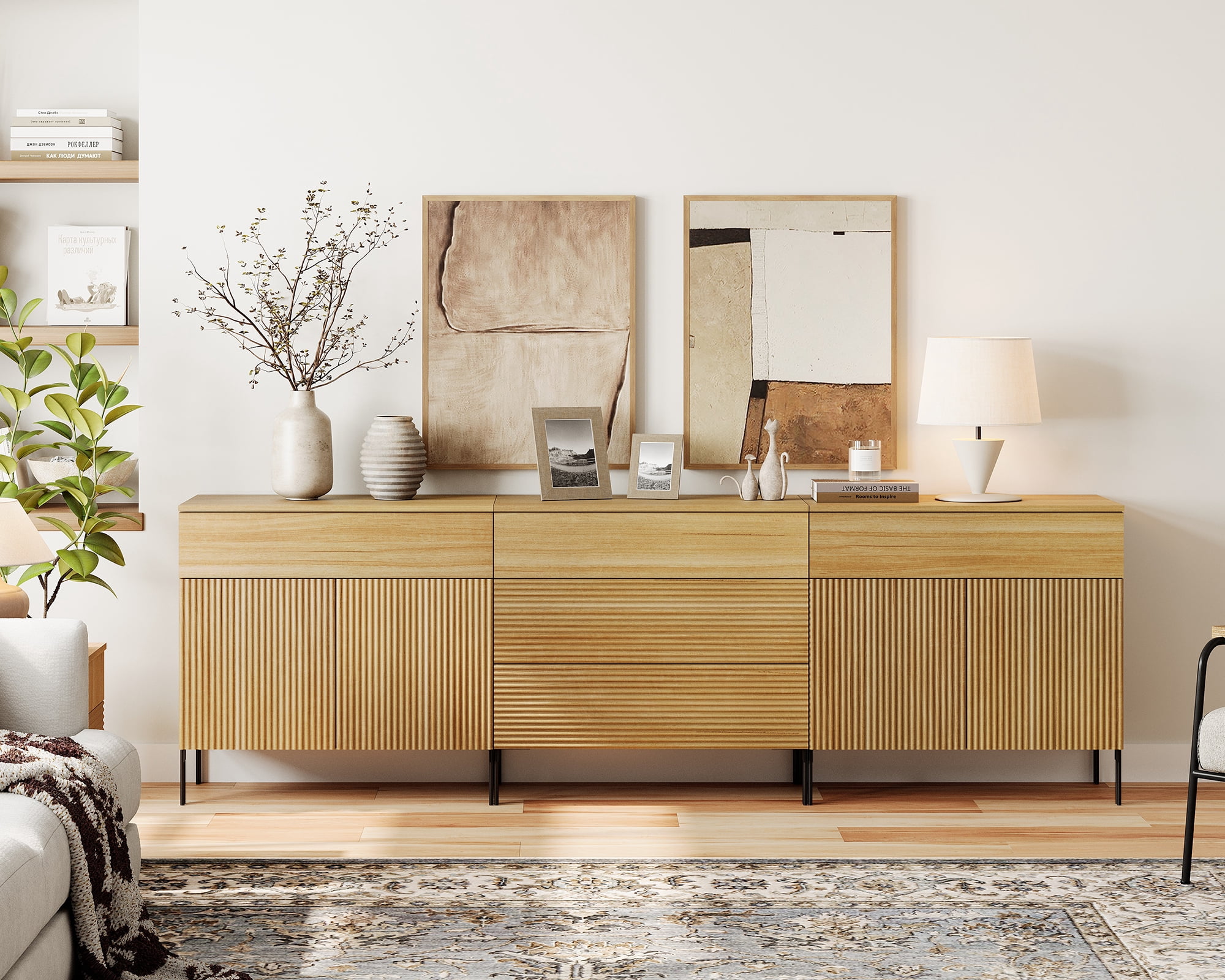 94.5" Reeded Accent Cabinet Set with Doors and Drawers, Modern Credenza Storage Cabinet with Metal Legs for Living Room, Kitchen, Dining Room, Hallway