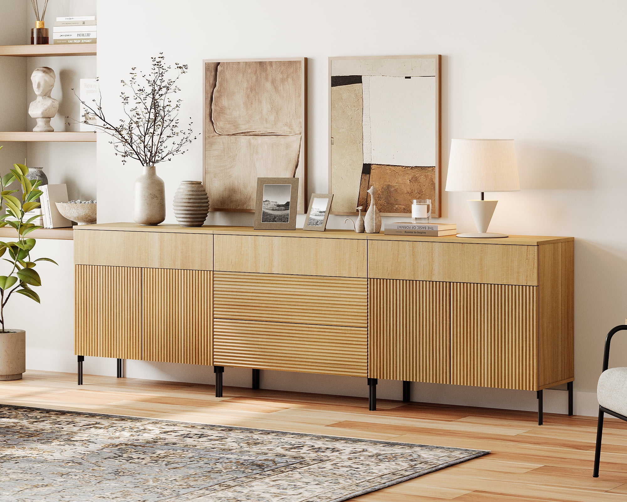 94.5" Reeded Accent Cabinet Set with Doors and Drawers, Modern Credenza Storage Cabinet with Metal Legs for Living Room, Kitchen, Dining Room, Hallway