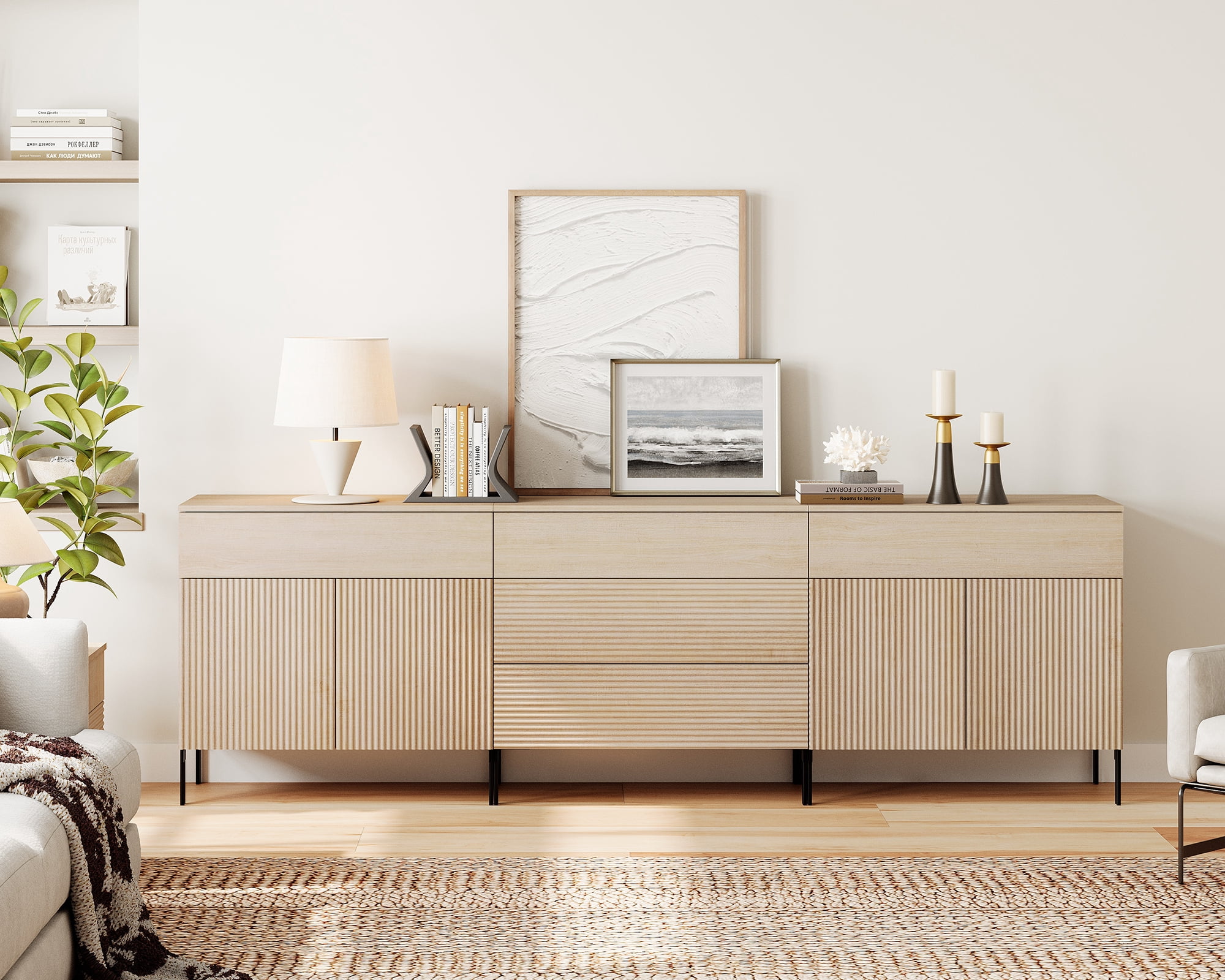 94.5" Reeded Accent Cabinet Set with Doors and Drawers, Modern Credenza Storage Cabinet with Metal Legs for Living Room, Kitchen, Dining Room, Hallway