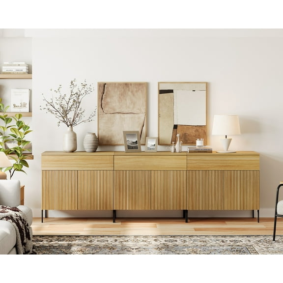 94.5" Reeded Accent Cabinet Set with 6 Doors and Drawers, Modern Credenza Storage Cabinet with Metal Legs for Living Room, Entryway, Hallway