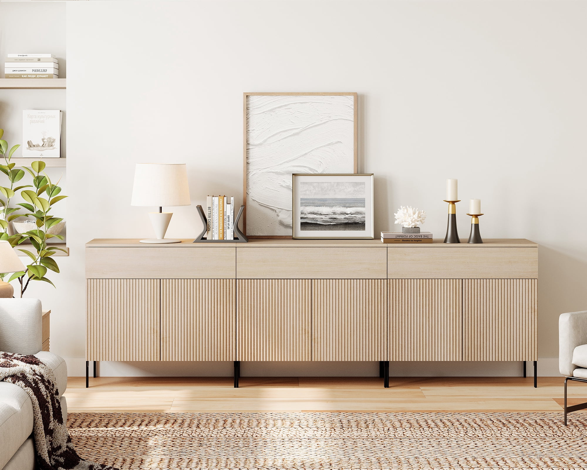 94.5" Reeded Accent Cabinet Set with 6 Doors and Drawers, Modern Credenza Storage Cabinet with Metal Legs for Living Room, Entryway, Hallway