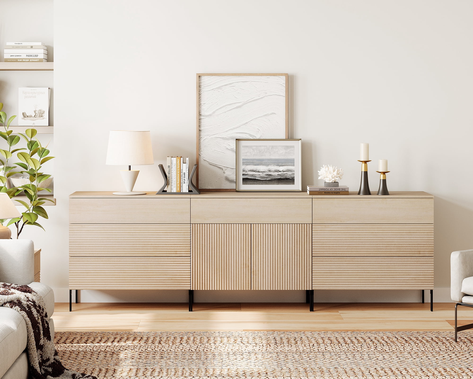 94.5" Reeded Accent Chest Set with Doors and Drawers, Modern Credenza Storage Cabinet with Metal Legs for Living Room, Kitchen, Dining Room, Hallway