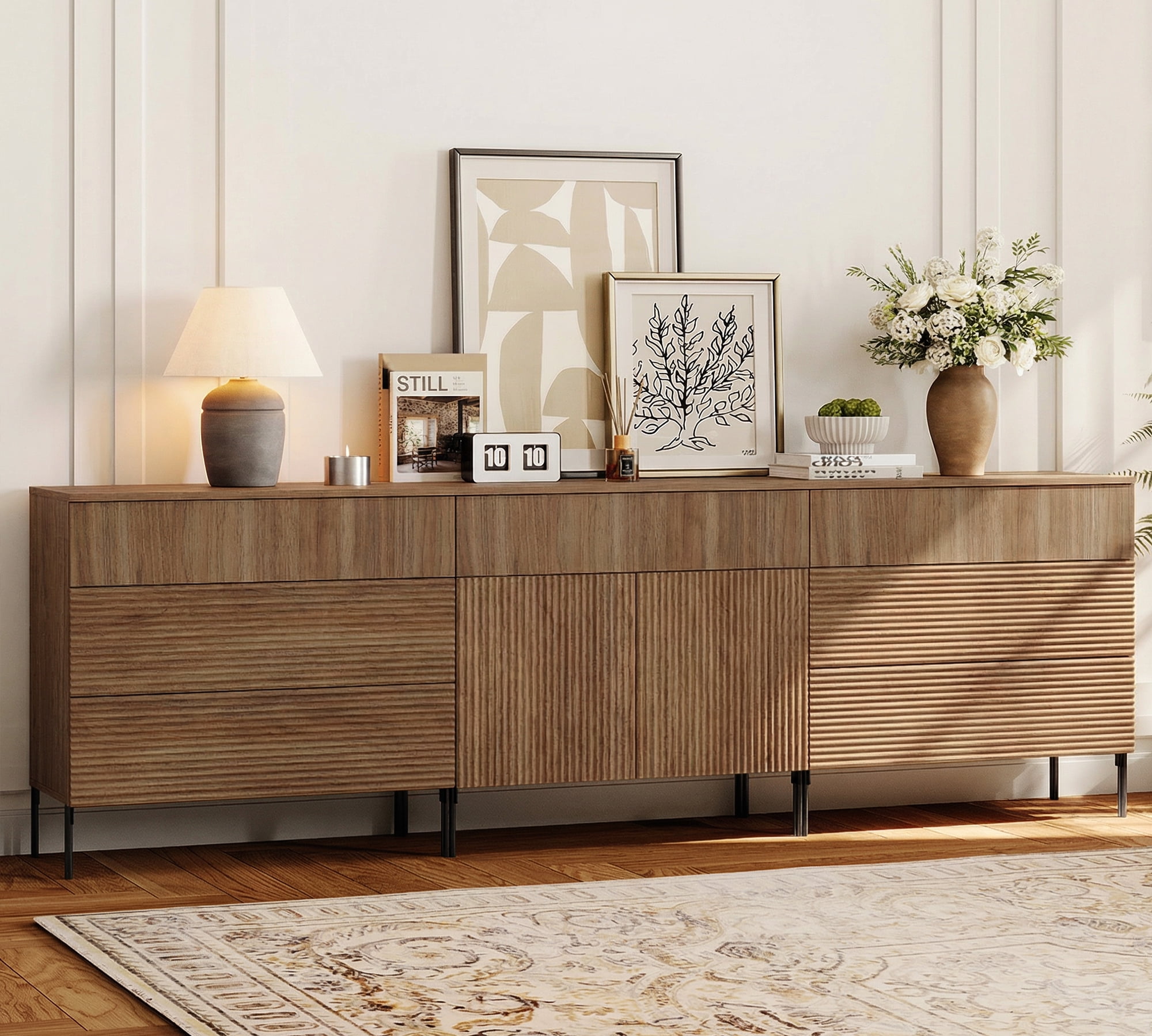 94.5" Reeded Accent Chest Set with Doors and Drawers, Modern Credenza Storage Cabinet with Metal Legs for Living Room, Kitchen, Dining Room, Hallway