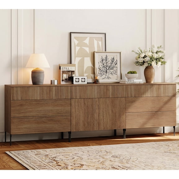 94.5" Reeded Accent Chest Set with Doors and Drawers, Modern Credenza Storage Cabinet with Metal Legs for Living Room, Kitchen, Dining Room, Hallway
