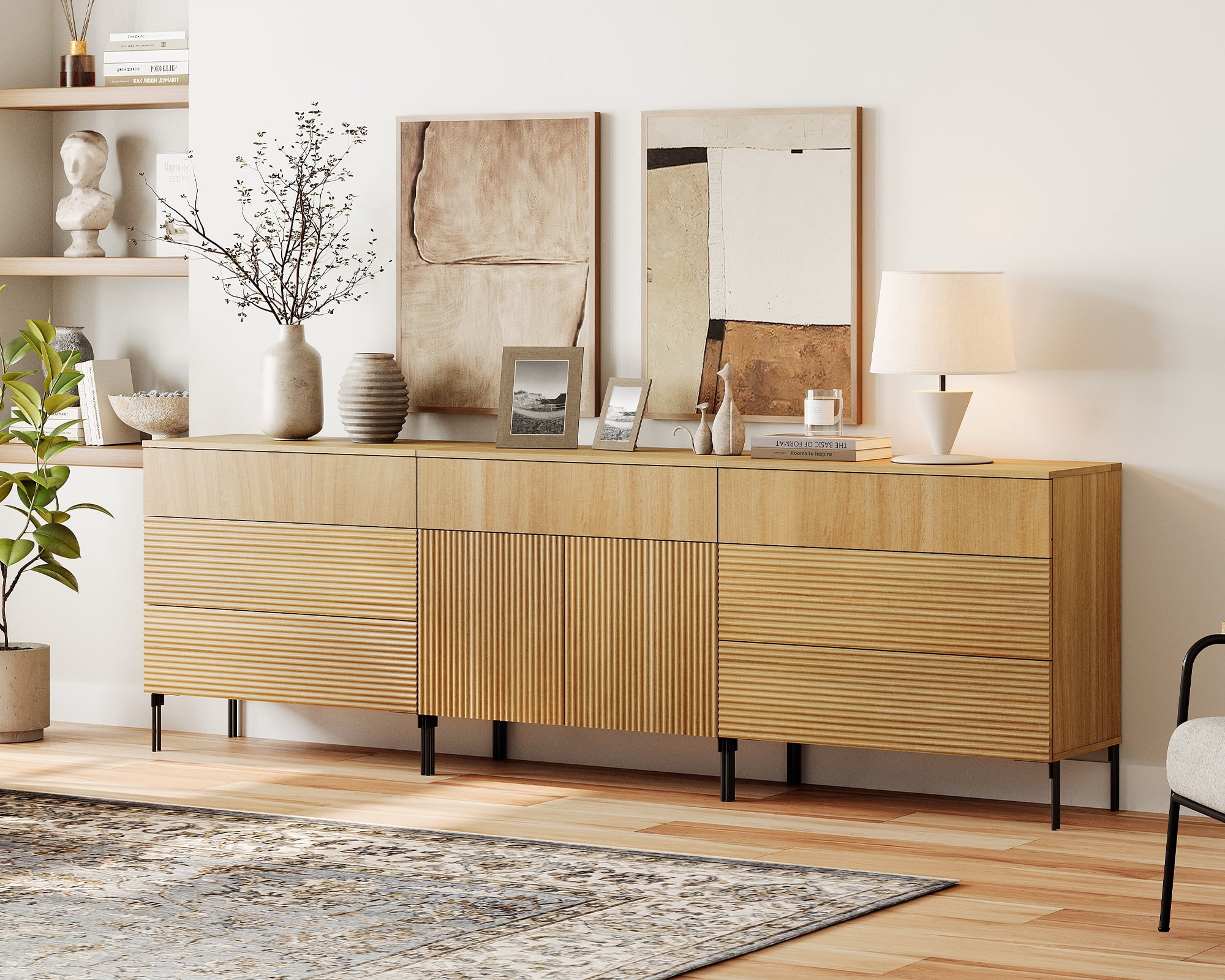 94.5" Reeded Accent Chest Set with Doors and Drawers, Modern Credenza Storage Cabinet with Metal Legs for Living Room, Kitchen, Dining Room, Hallway