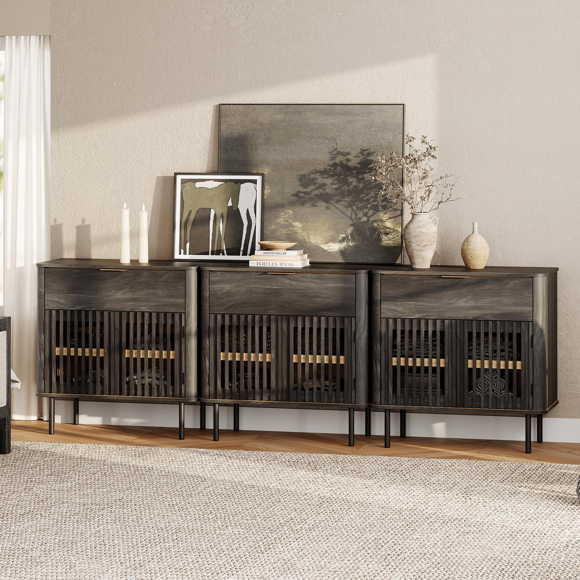 94.5" Sideboard Buffet Cabinet with Storage - Fluted Kitchen Credenza Cabinet with Pop-up Doors and Drawer, Black