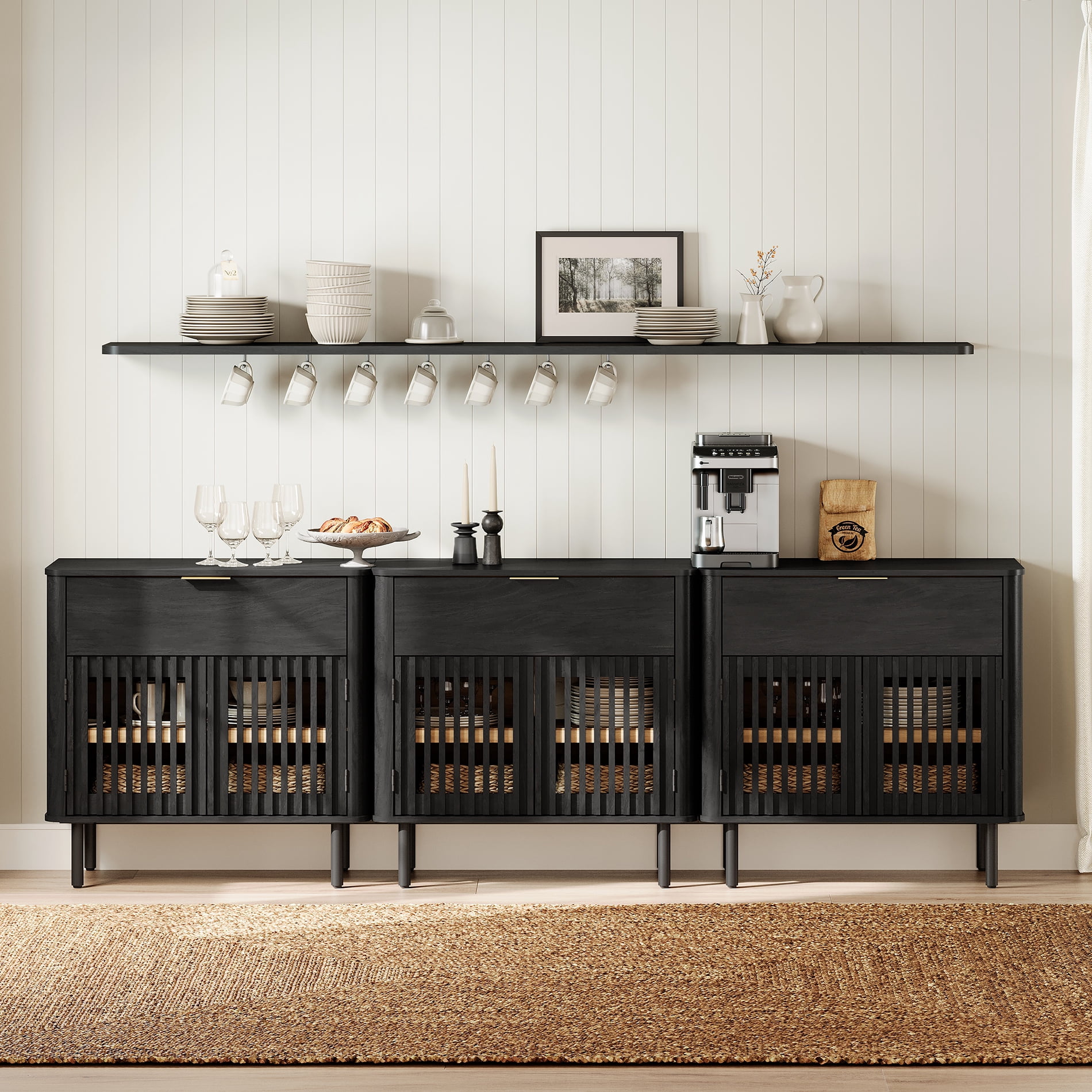 94.5" Sideboard Buffet Cabinet with Storage - Fluted Kitchen Credenza Cabinet with Pop-up Doors and Drawer, Black