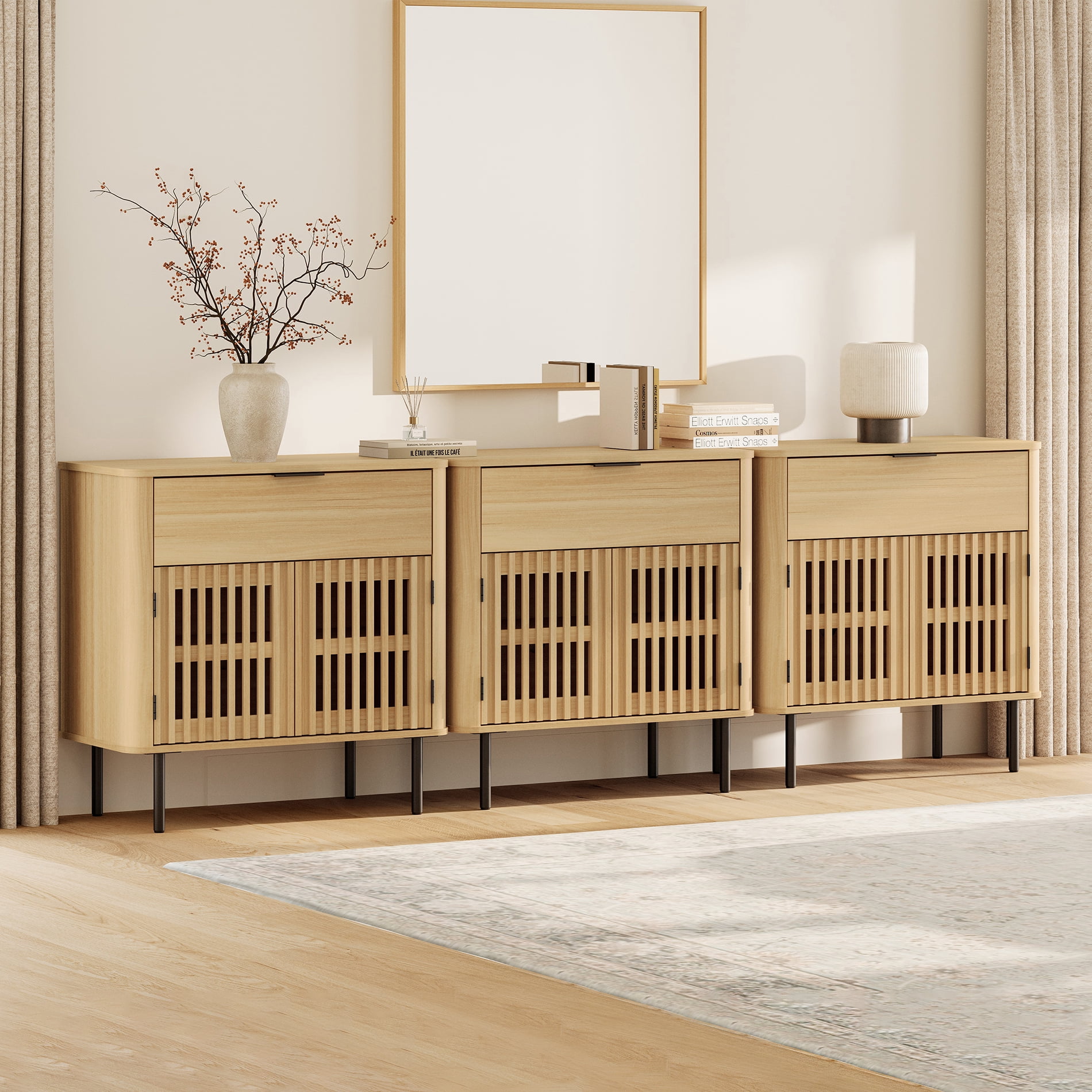 94.5" Sideboard Buffet Cabinet with Storage - Fluted Kitchen Credenza Cabinet with Pop-up Doors and Drawer, Oak