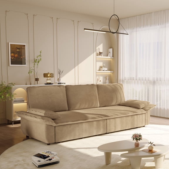 94.5'' King Size Pull Out Sofa Bed, 3-in-1 Convertible Sleeper Sofa with Cloud Comfort, Corduroy Futon Couch Reclining Loveseat for Living Room, Camel