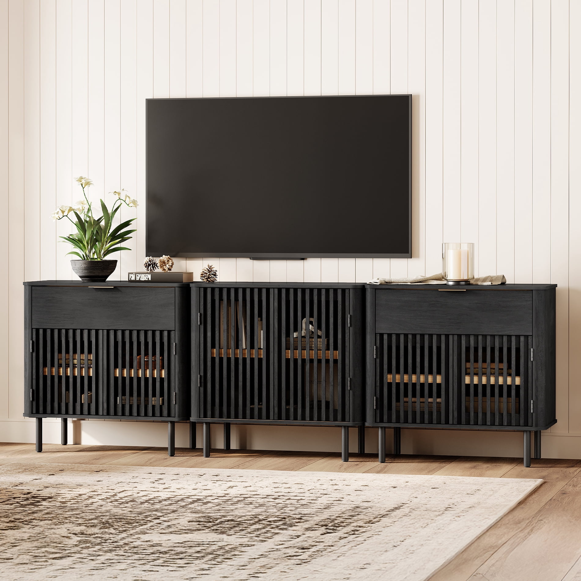 94.5" TV Stand Media Console with Cabinets Adjustable Shelves,Black