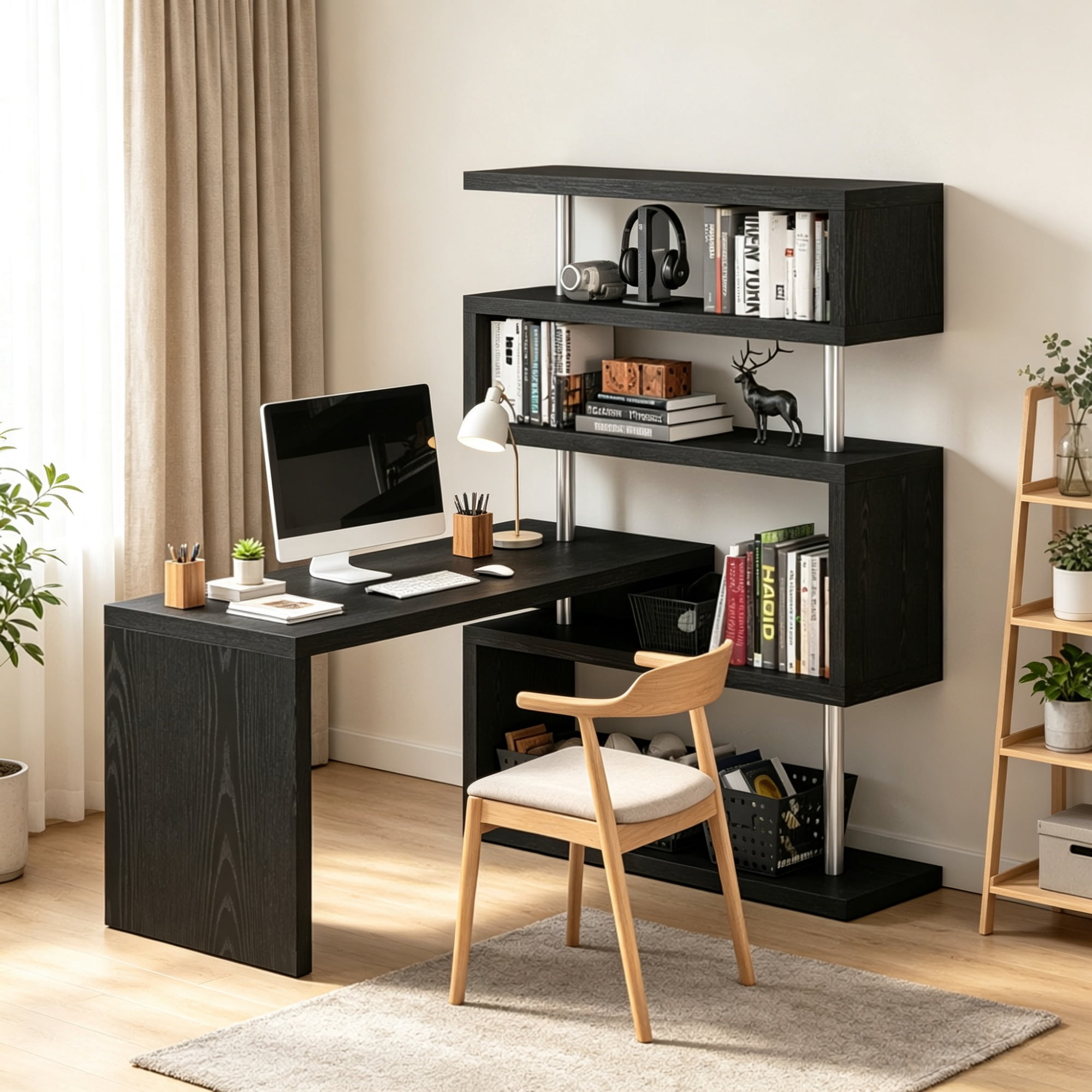 94" 5-Tier L-Shaped Computer Desk with Rotating Writing Table Corner Desk with Display Shelves And Stainless Steel Frame, Black